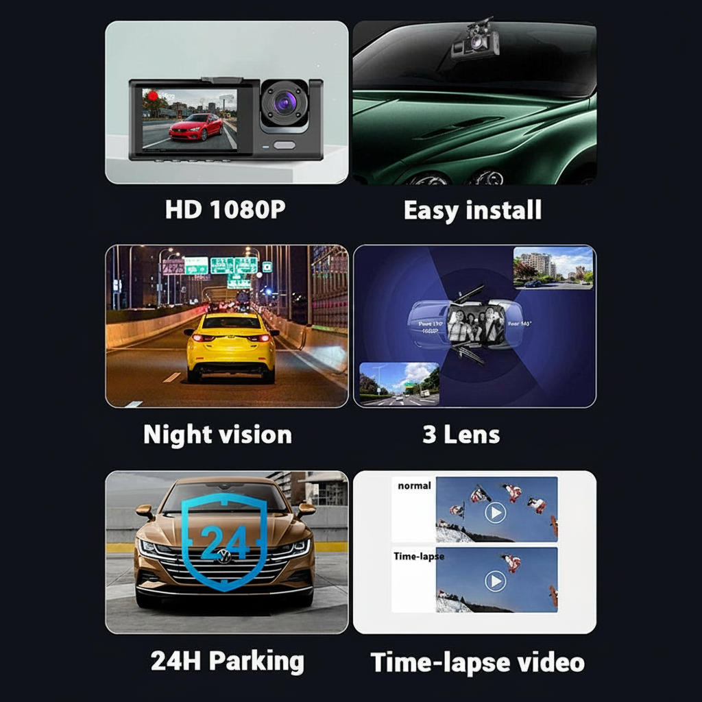 HD Night Vision Car Driving Recorder with 3 Lenses