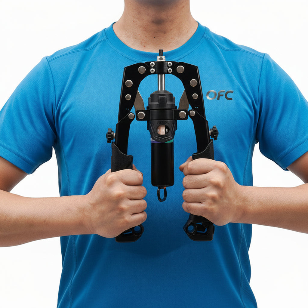 Person holding a black mechanical device against an orange shirt