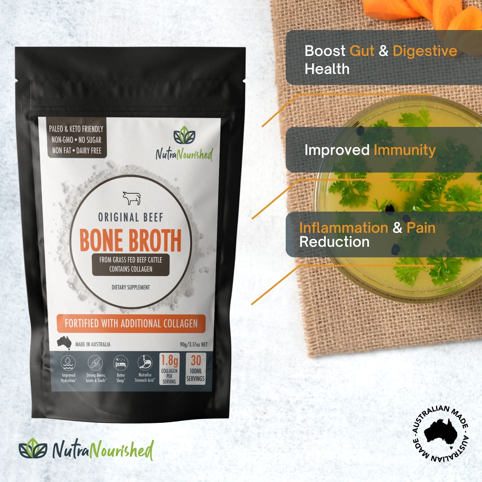 Grass-Fed Beef Bone Broth Powder 90g - Premium Australian & NZ Collagen Supplement