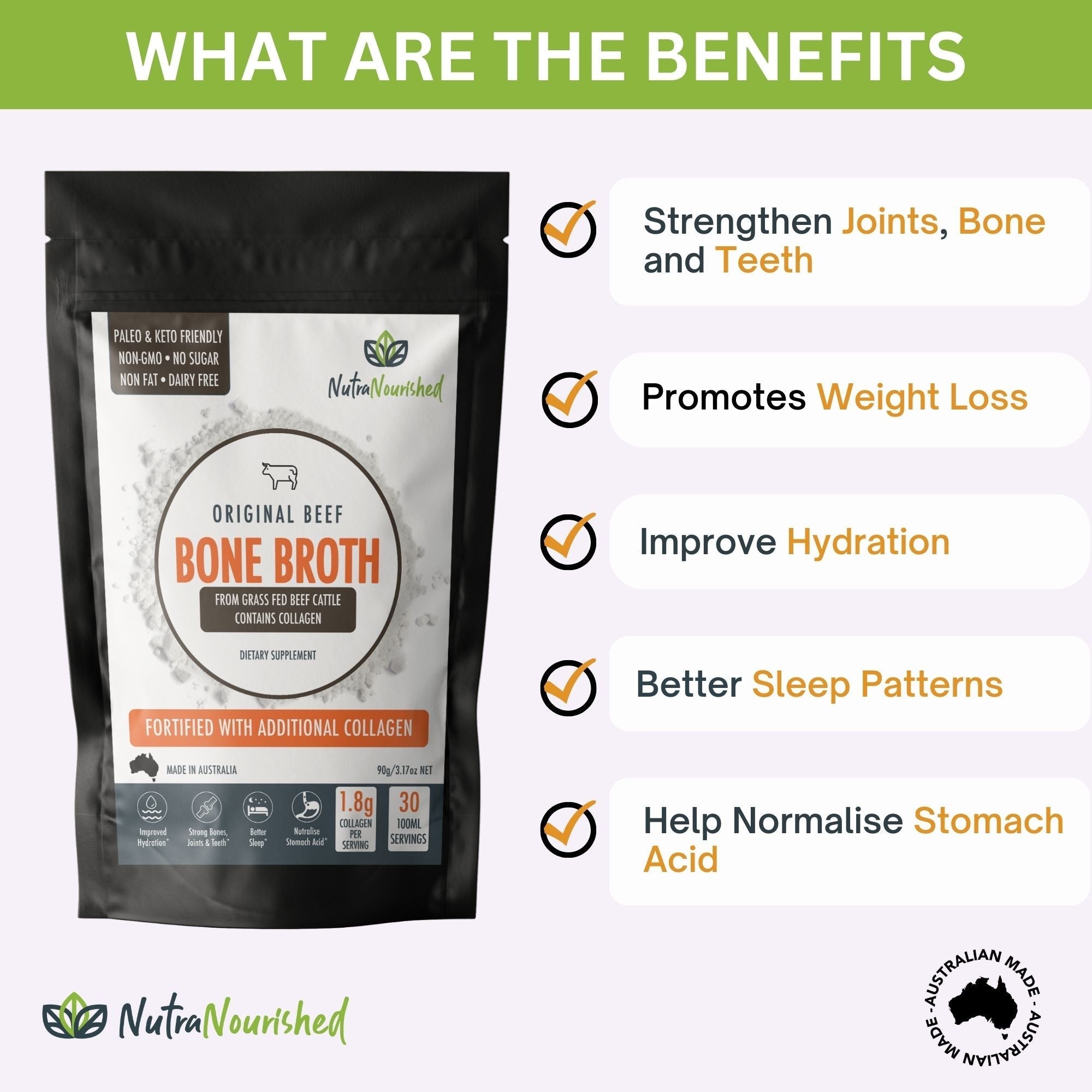 Grass-Fed Beef Bone Broth Powder 90g - Premium Australian & NZ Collagen Supplement