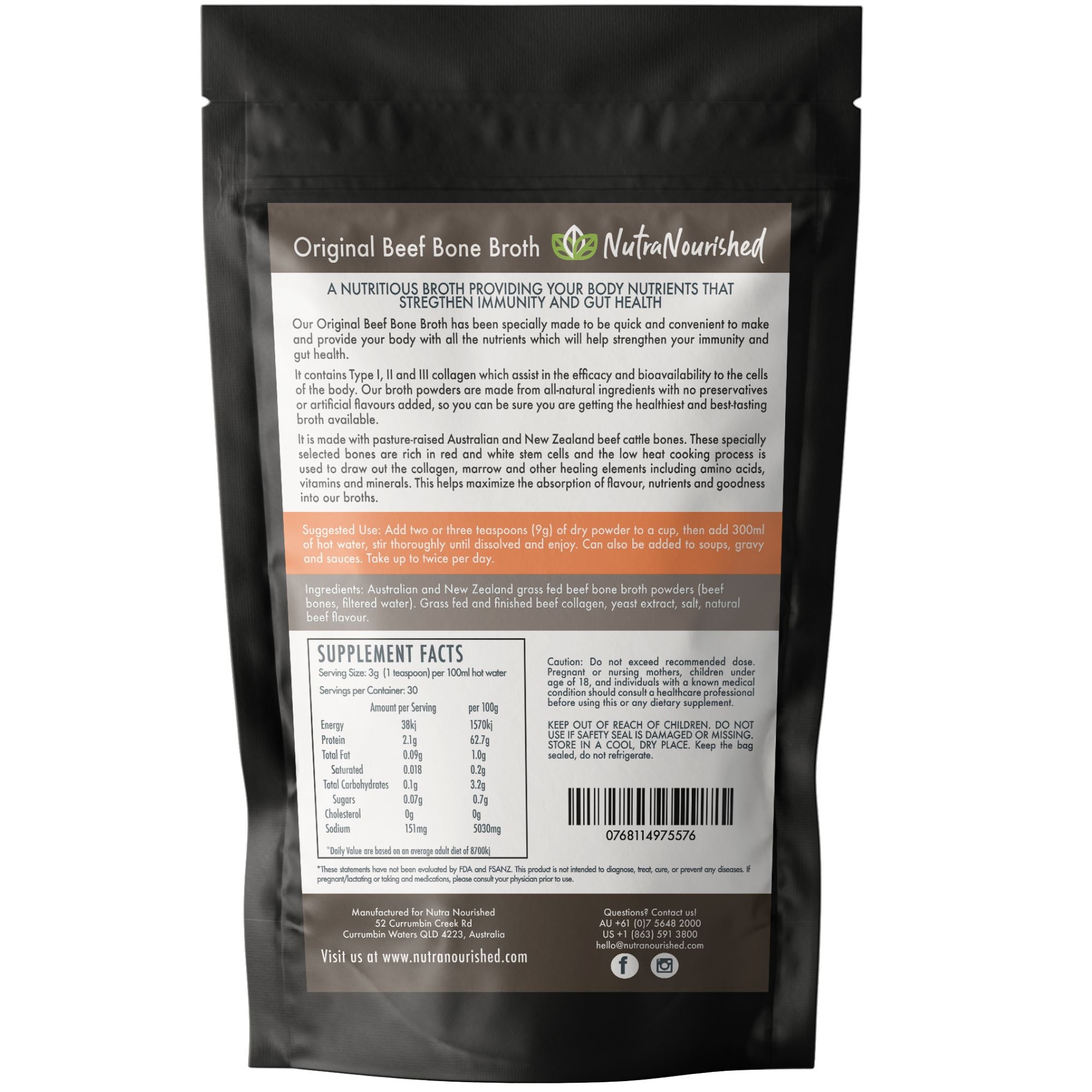 Grass-Fed Beef Bone Broth Powder 90g - Premium Australian & NZ Collagen Supplement