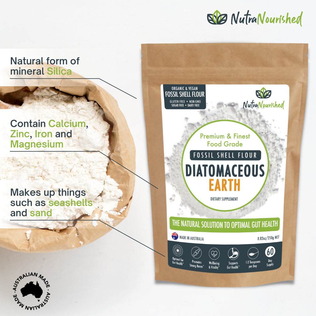 Package of NutraNourished Diatomaceous Earth with text highlighting its benefits.