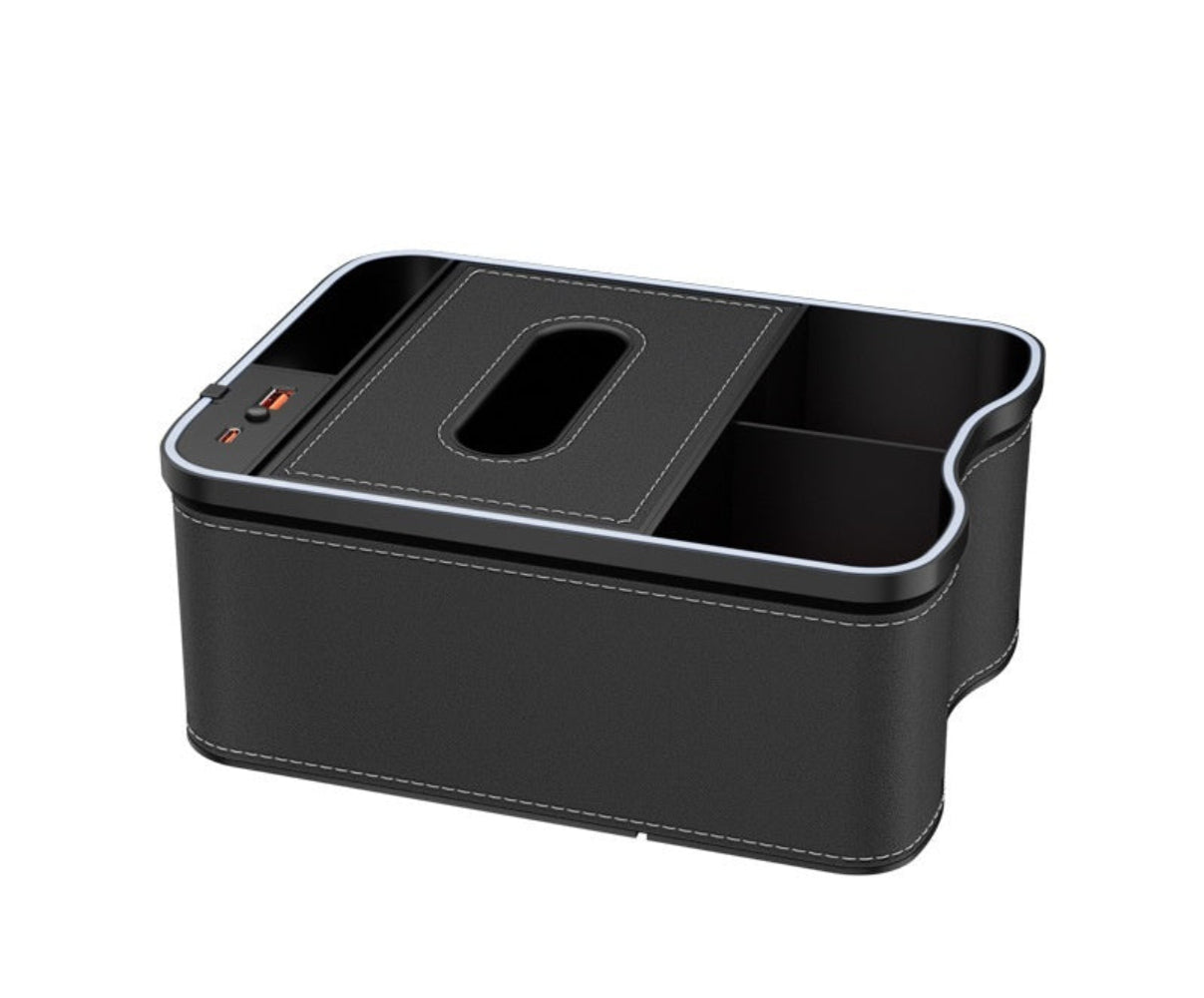 Black Car Armrest Storage Box with LED Ambient Light - Multifunctional Tissue Holder & Organizer for Car Interior
