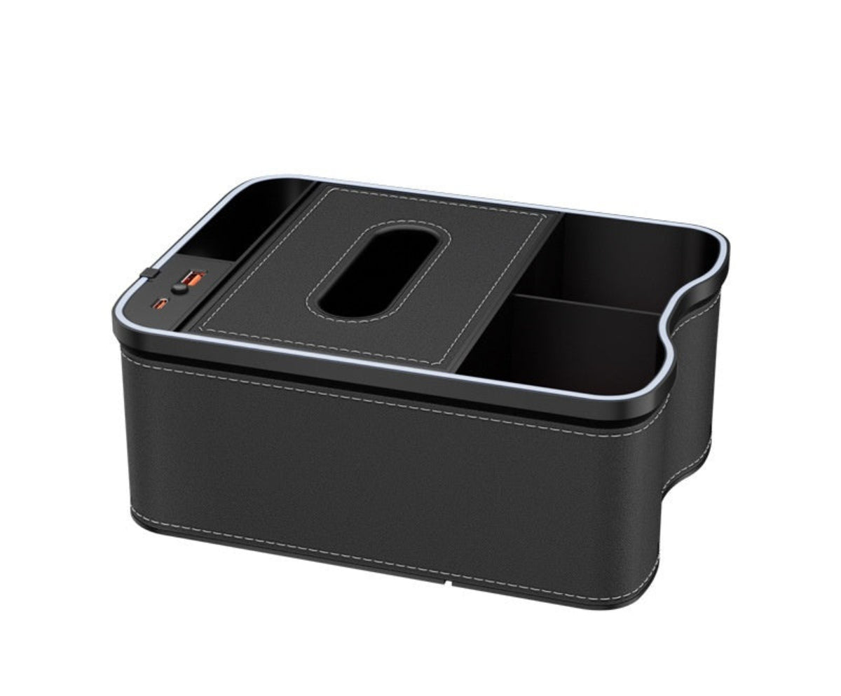 Black Car Armrest Storage Box with LED Ambient Light - Multifunctional Tissue Holder & Organizer for Car Interior