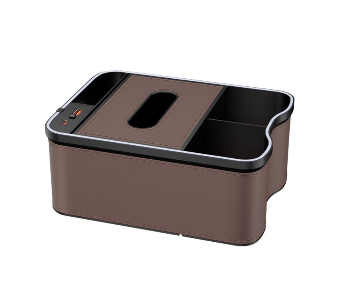 Mocha Brown Car Armrest Storage Box with LED Ambient Light - Multifunctional Tissue Holder & Organizer for Car Interior