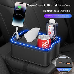 Orange Car Armrest Storage Box with LED Ambient Light - Multifunctional Tissue Holder & Organizer for Car Interior