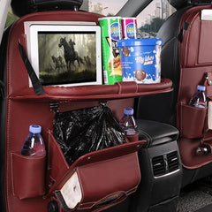 Leather Car Backseat Organizer with Foldable Tray Table & Trash Bag - Multi-functional Car Storage Solution
