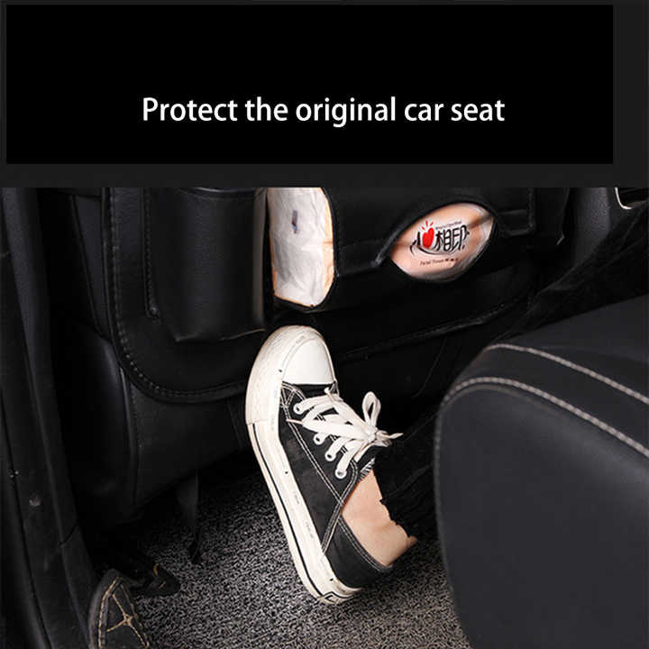 Leather Car Backseat Organizer with Foldable Tray Table & Trash Bag - Multi-functional Car Storage Solution