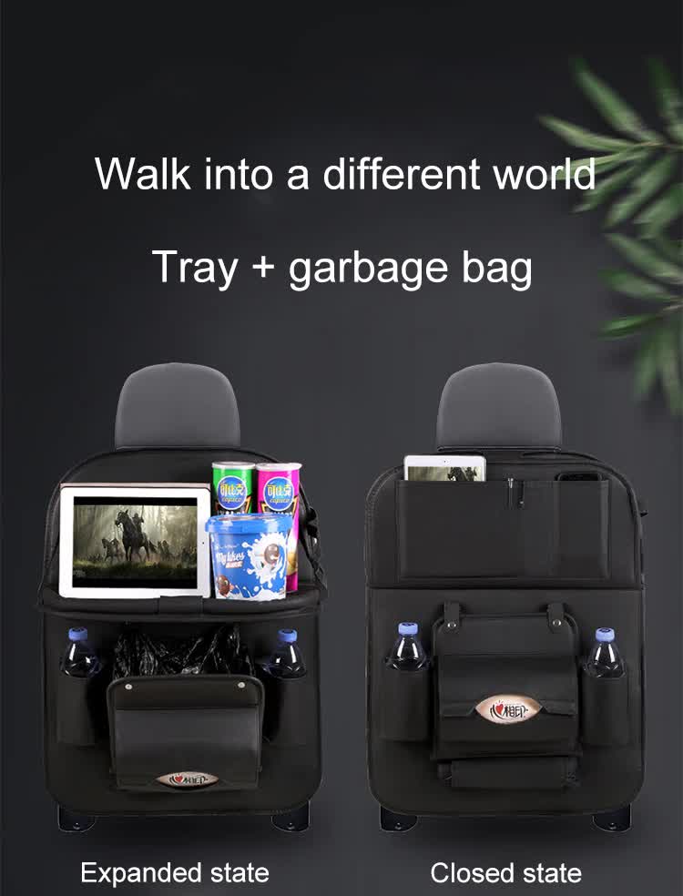 Leather Car Backseat Organizer with Foldable Tray Table & Trash Bag - Multi-functional Car Storage Solution