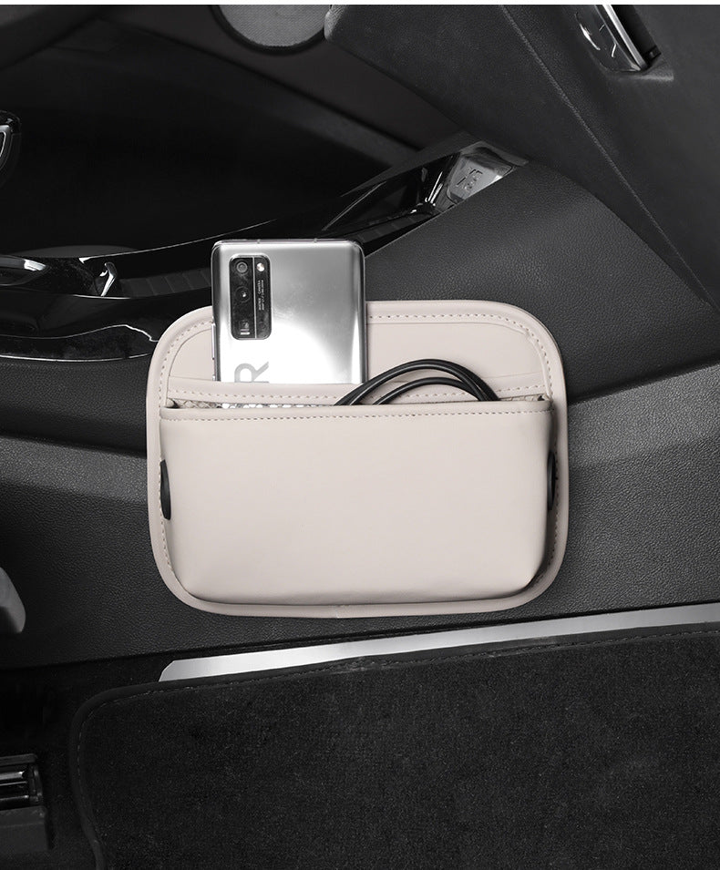 Beige PU Leather Car Storage Organizer with Dual Charging Holes and Inner Mesh Pocket, Multi-functional Door Handle Hanging Bag for Phones and Accessories, Lightweight and Durable