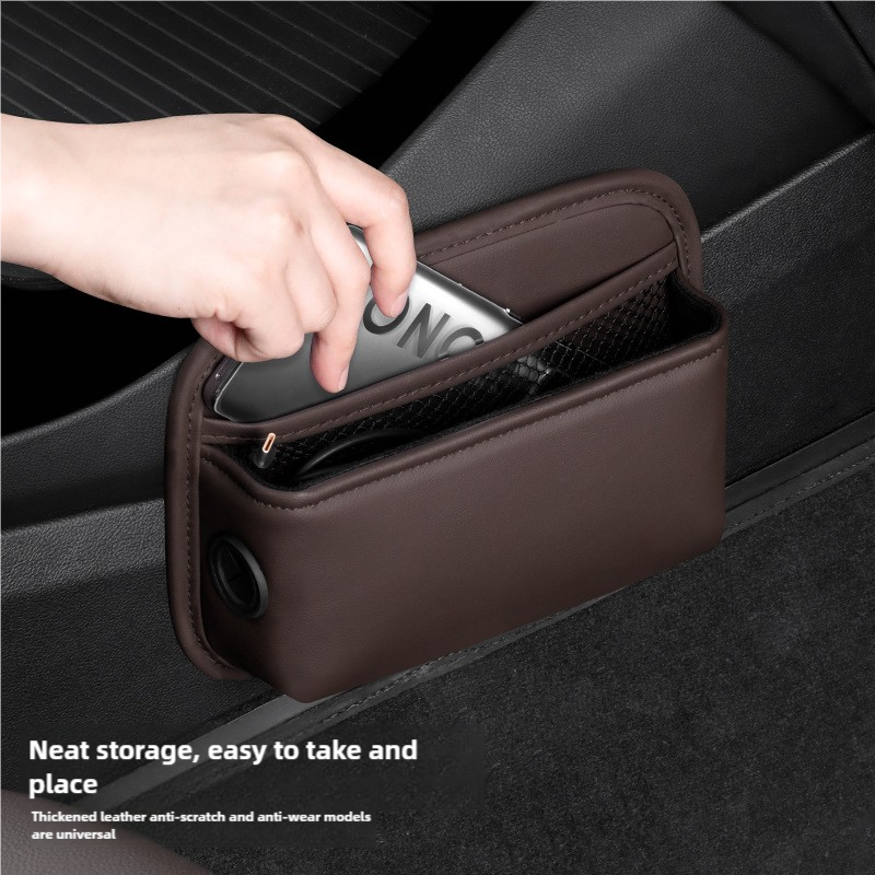 Beige PU Leather Car Storage Organizer with Dual Charging Holes and Inner Mesh Pocket, Multi-functional Door Handle Hanging Bag for Phones and Accessories, Lightweight and Durable