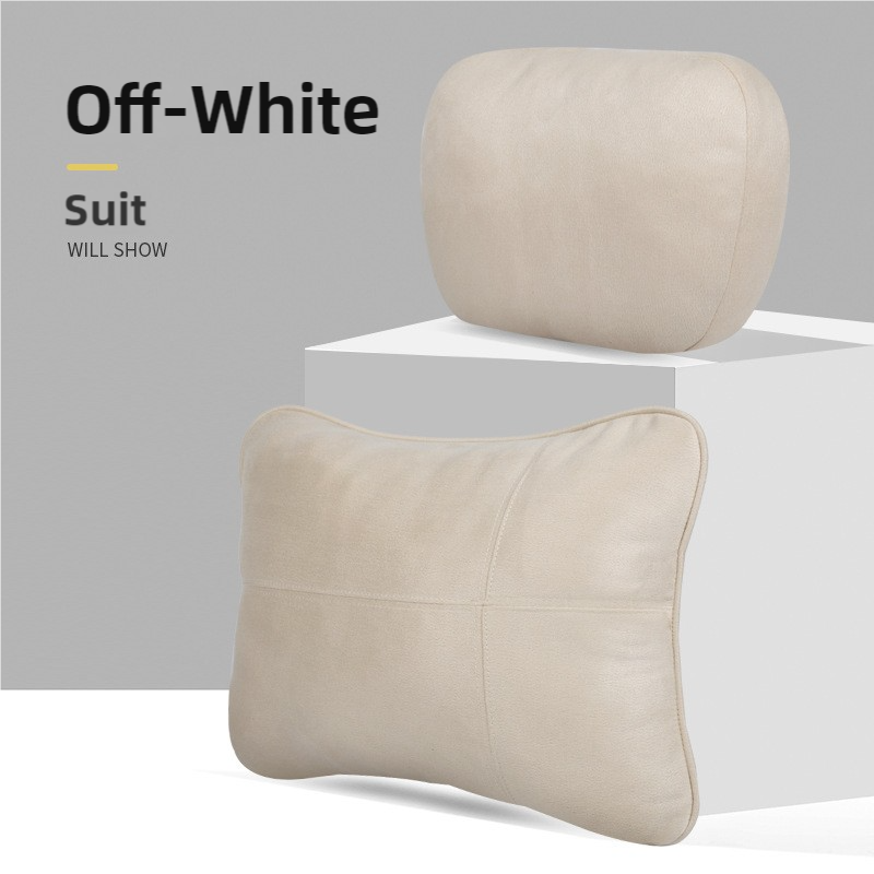 Beige Luxury Eco-Friendly Suede Car Headrest and Lumbar Cushion Set - Ergonomic Support, All-Season Comfort, Adjustable Straps, and Durable Design for Cars, Office, and Home Use