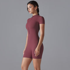 Dark Red Size L Women's Summer Zip-Up Bodysuit - Short Sleeve, High Stretch Yoga & Dance Outfit, Breathable Fitness Wear