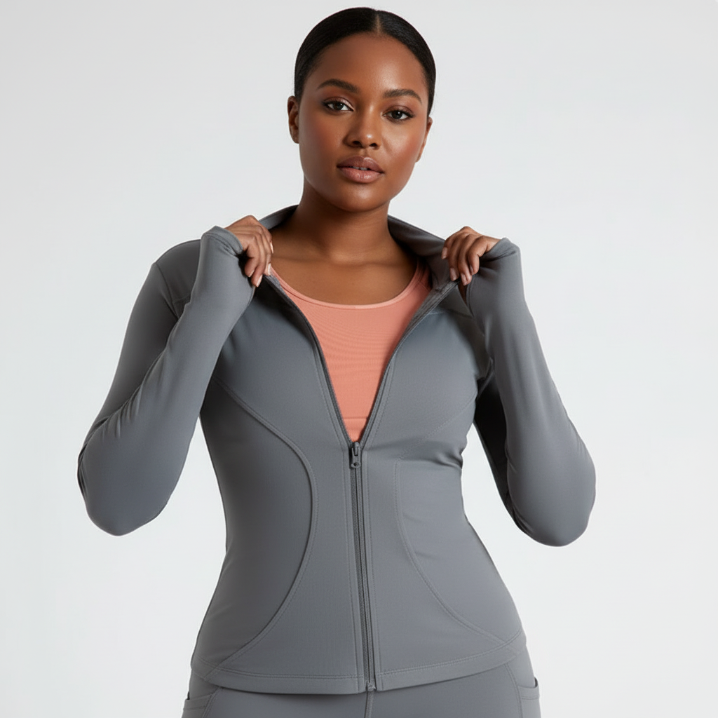 Slim Fit Yoga Jacket - Full Zip Workout Jacket with Thumbholes for Women Grey