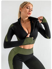 Army Green High Waist Yoga Set for Women- Sports Bra, Long Sleeve Shirt & Leggings 3-Piece Workout Set Size L
