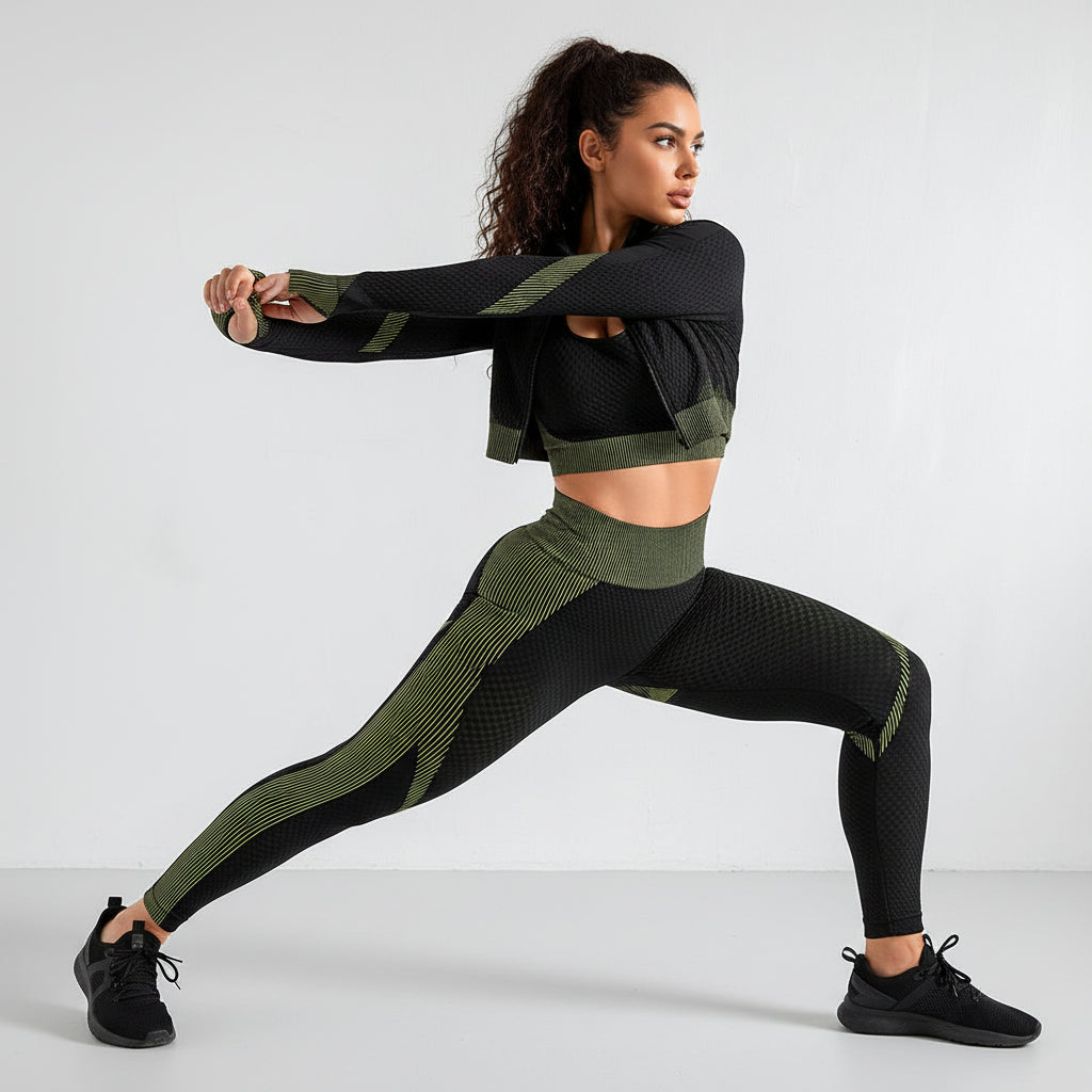 OFC Women's High Waist Yoga Set - 3-Piece Sports Bra, Long Sleeve & Leggings