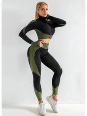 Army Green High Waist Yoga Set for Women - Sports Bra, Long Sleeve Shirt & Leggings 3-Piece Workout Set Size XXL