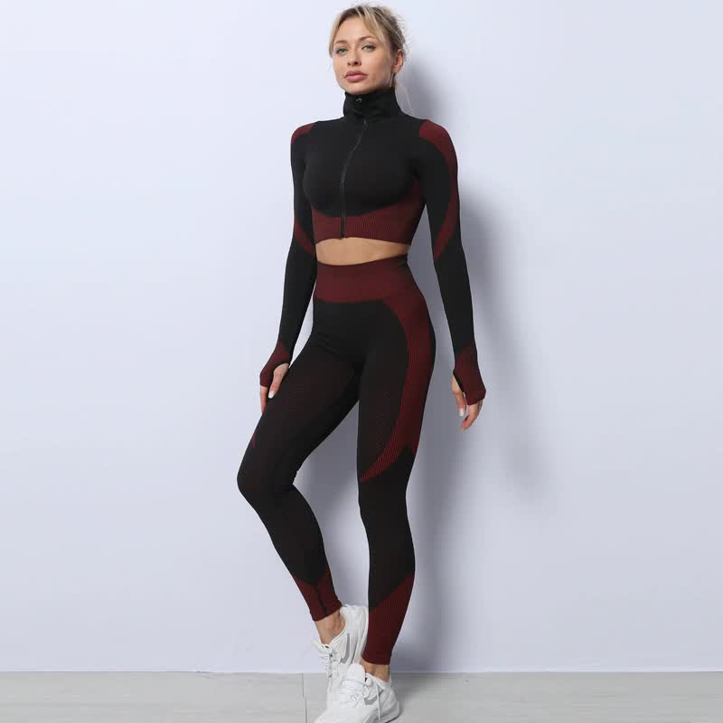 Black+Red High Waist Yoga Set for Women - Sports Bra, Long Sleeve Shirt & Leggings 3-Piece Workout Set Size XL