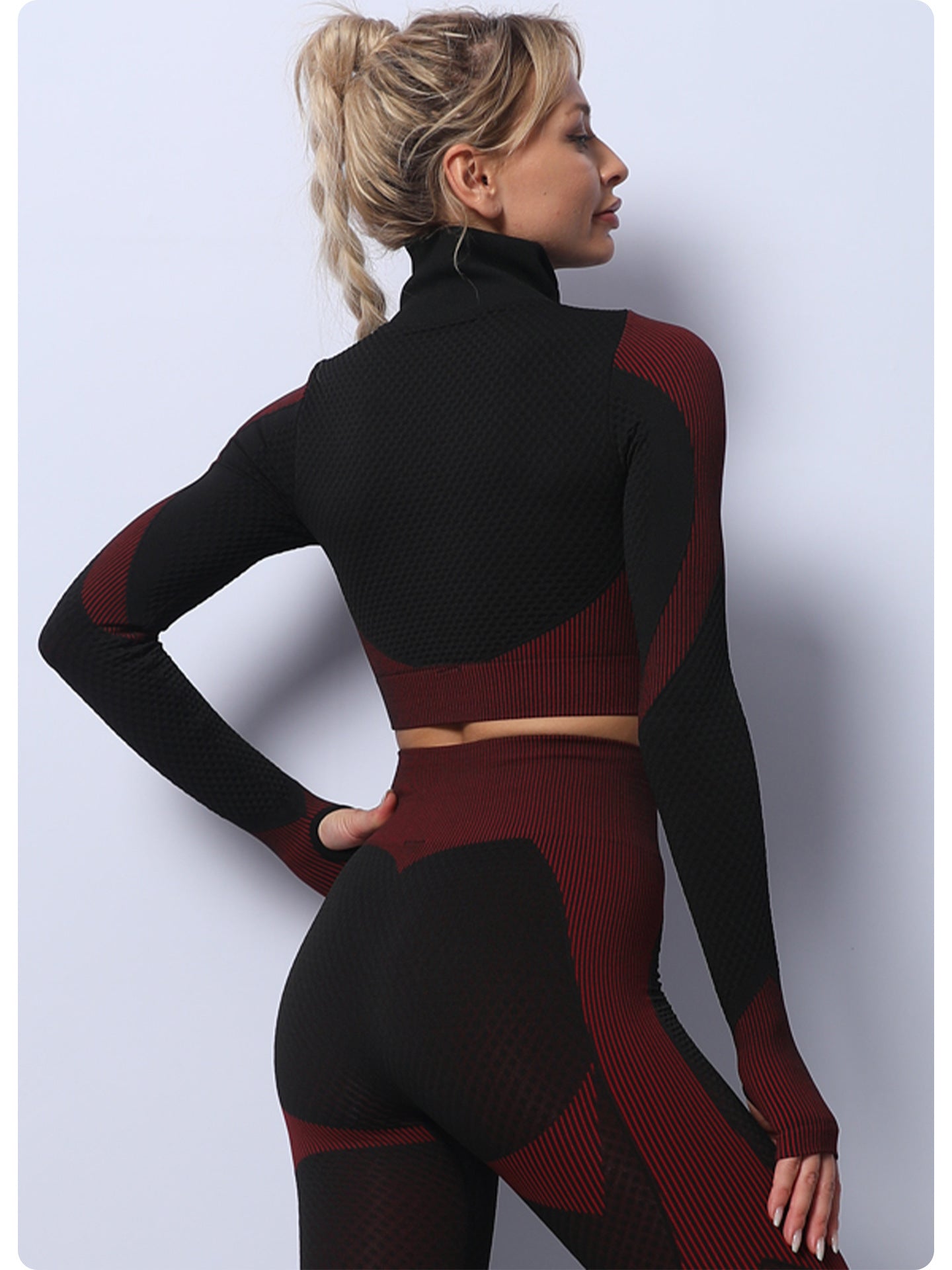 Black+Red High Waist Yoga Set for Women - Sports Bra, Long Sleeve Shirt & Leggings 3-Piece Workout Set Size XXL