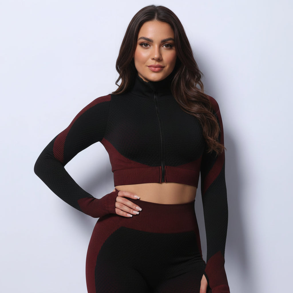 OFC Women's High Waist Yoga Set - 3-Piece Sports Bra, Long Sleeve & Leggings