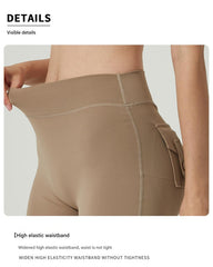 Khaki High-Waisted Yoga Shorts with Pockets for Women - Butt-Lifting, Breathable, and Comfortable Activewear M