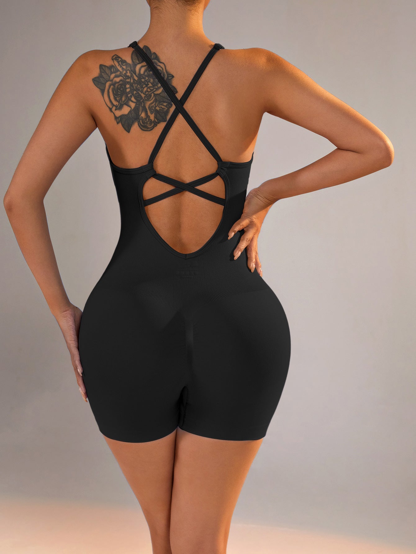 Size M Black Nylon Seamless Yoga Bodysuit - Women's Athletic Romper, Crisscross Back, Workout Jumpsuit