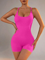 Size M Rose Red Grey Nylon Seamless Yoga Bodysuit - Women's Athletic Romper, Crisscross Back, Workout Jumpsuit