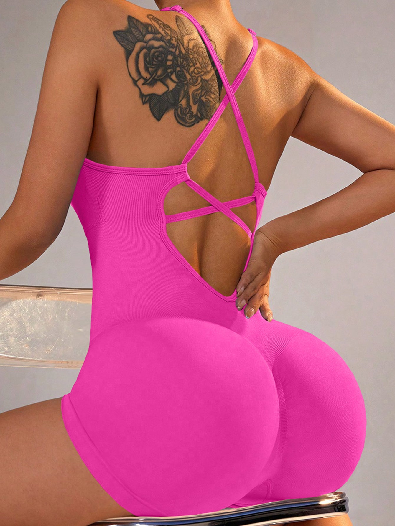 Size M Rose Red Grey Nylon Seamless Yoga Bodysuit - Women's Athletic Romper, Crisscross Back, Workout Jumpsuit