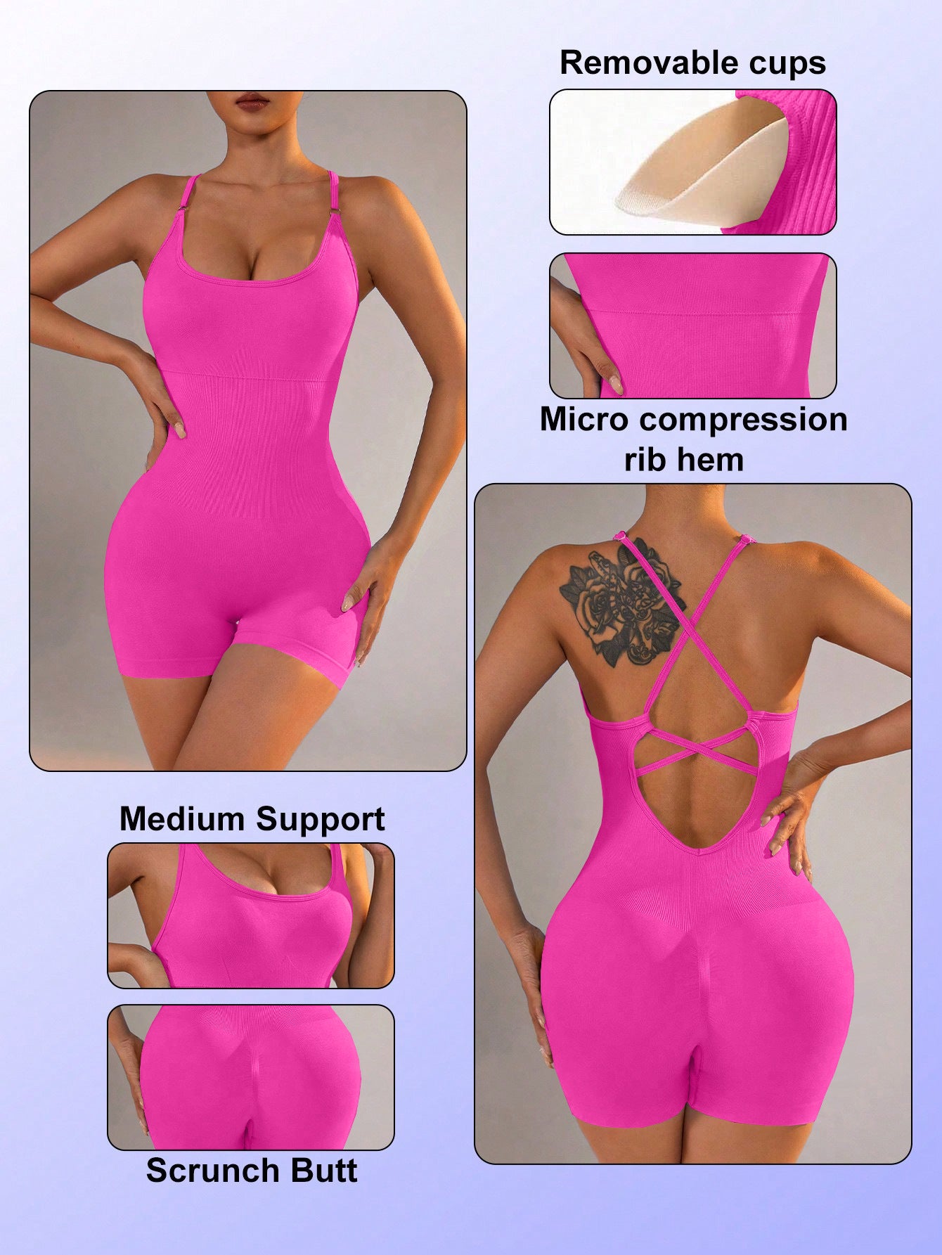 Size M Rose Red Grey Nylon Seamless Yoga Bodysuit - Women's Athletic Romper, Crisscross Back, Workout Jumpsuit
