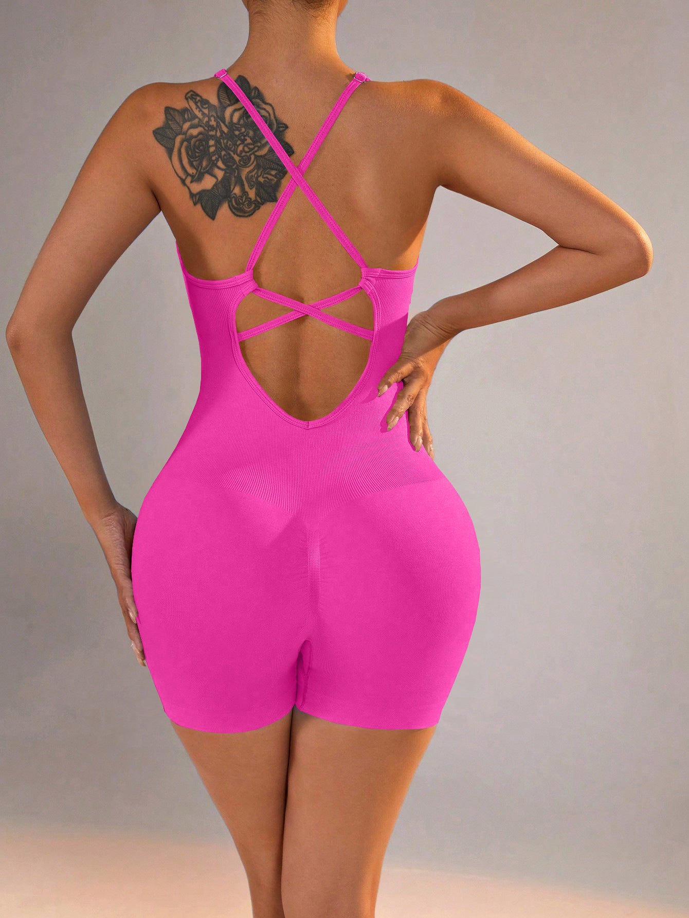 Size L Rose Red Grey Nylon Seamless Yoga Bodysuit - Women's Athletic Romper, Crisscross Back, Workout Jumpsuit