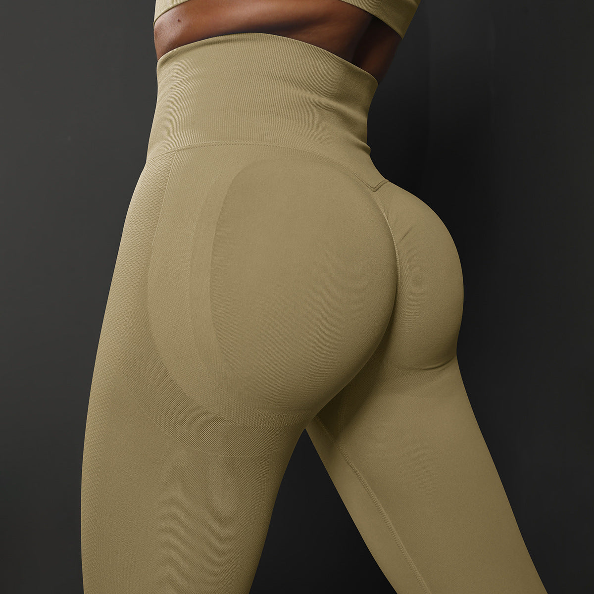 Size M Khaki Seamless High-Waisted Yoga Pants for Women - Lift Workout Leggings for Running, Gym, and Fitness
