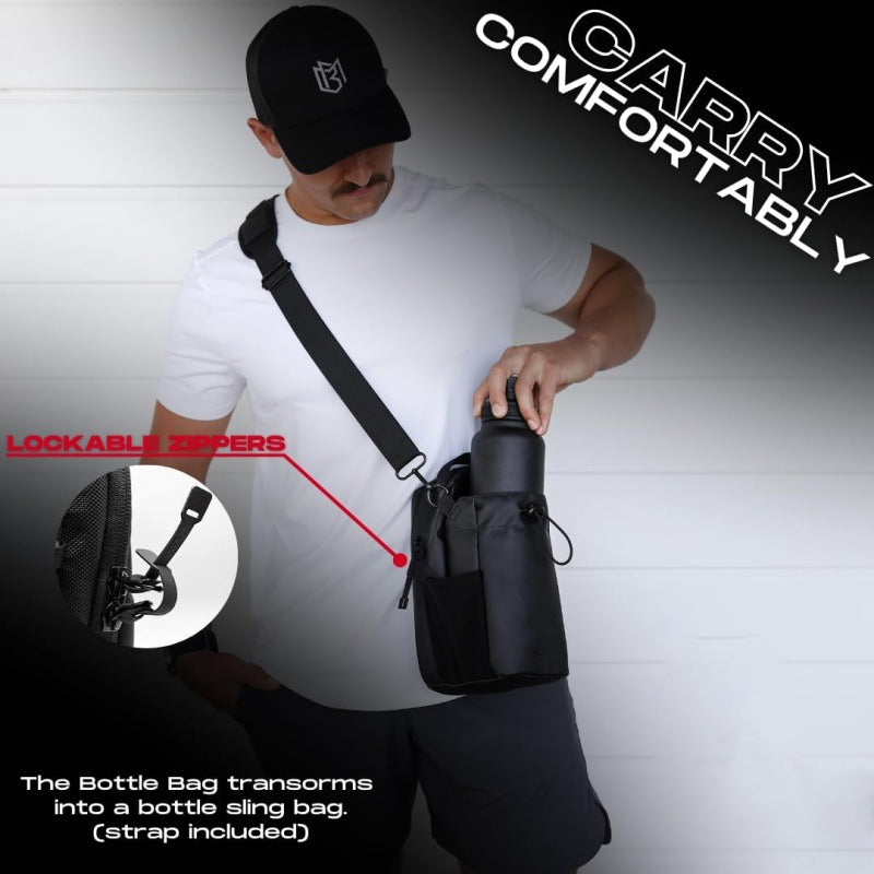 Black Magnetic Gym Water Bottle Holder Bag - Crossbody Sling Pouch for Essentials