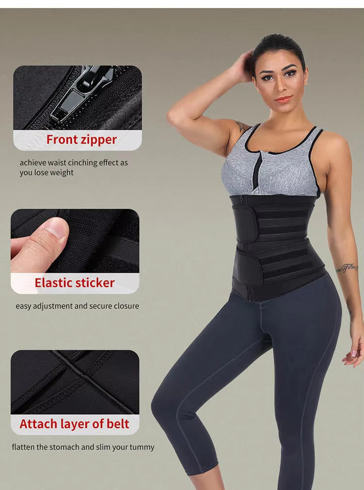 Size 5XL Black Womens Sweat-Enhancing Waist Trainer Belt - Dual Strap Zipper Tummy Control Cincher for Workout & Postpartum Shaping