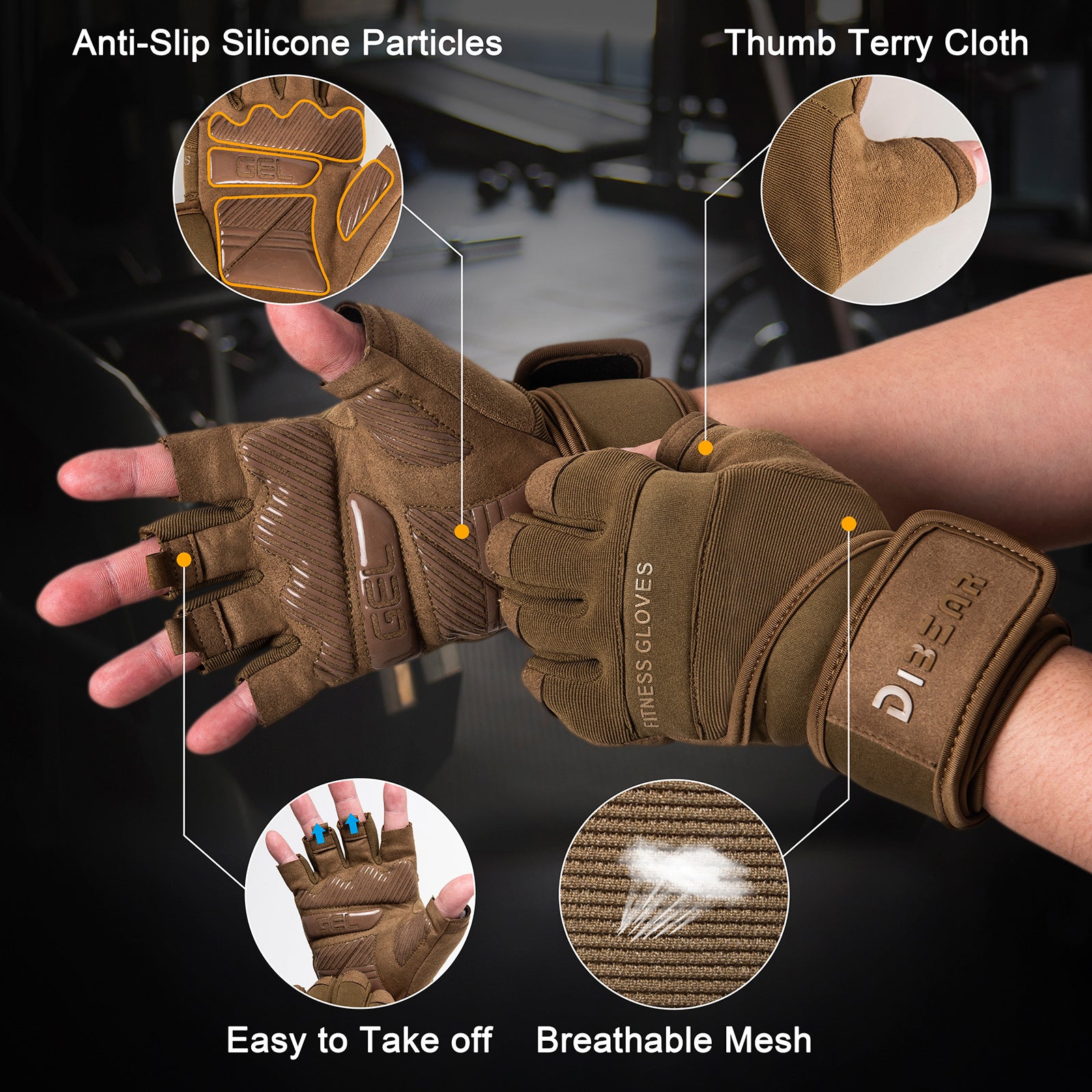 Size L Black Heavy Duty Workout Gloves with Wrist Support - Anti-Slip Gel Padded Gym Gloves for Weightlifting, Training & Fitness