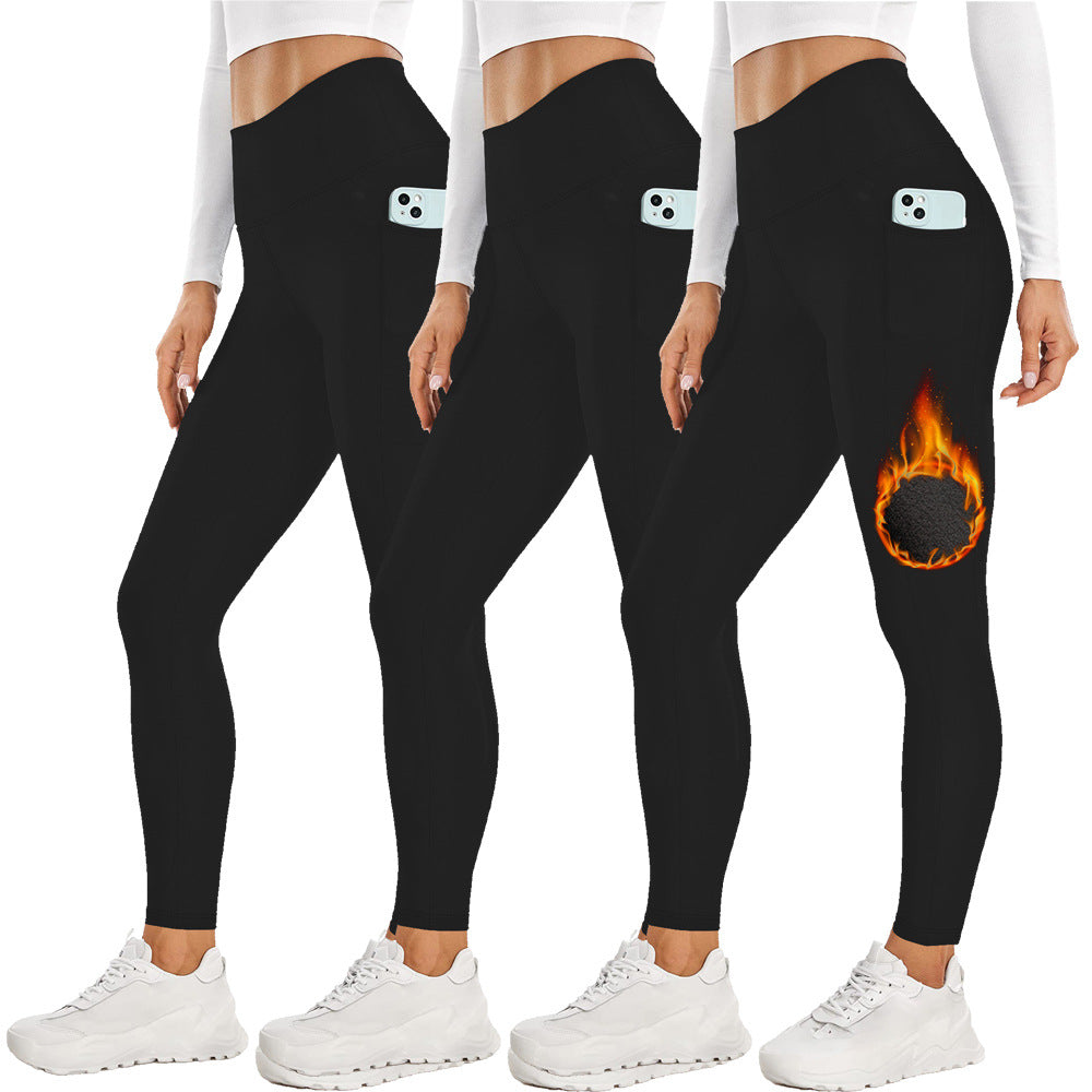 Size XL Grey Women's Mid Waist Plush Leggings with Pockets - Autumn and Winter Leggings with Pockets