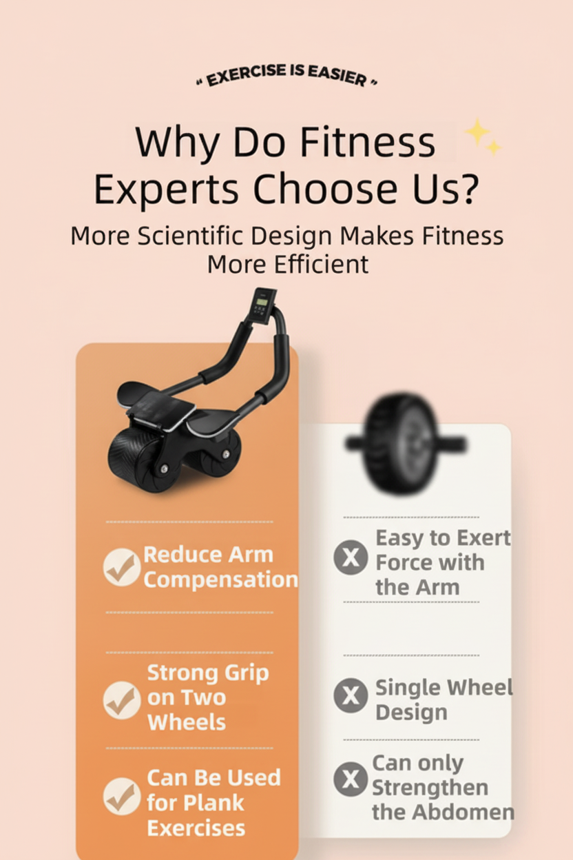 Comparison chart between a roller and a wheel, highlighting features chosen by fitness experts.