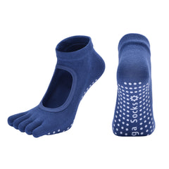 Dark Blue 3-Pack Women's Non-Slip Five-Finger Yoga Socks - Open Back Combed Cotton Pilates & Fitness Grip Socks for Professional Exercise