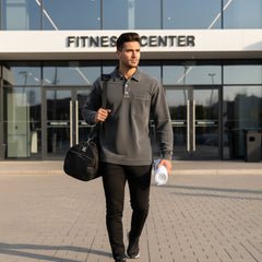 Black Men's Premium Long Sleeve Polo Shirt | Vintage Washed Relaxed Fit | Casual Loose Buttoned Lapel Top