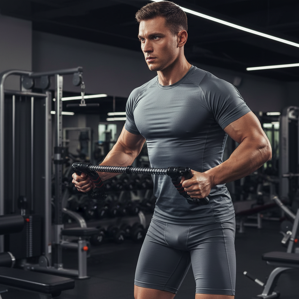 Man in a gym wearing a gray athletic outfit, holding a barbell.
