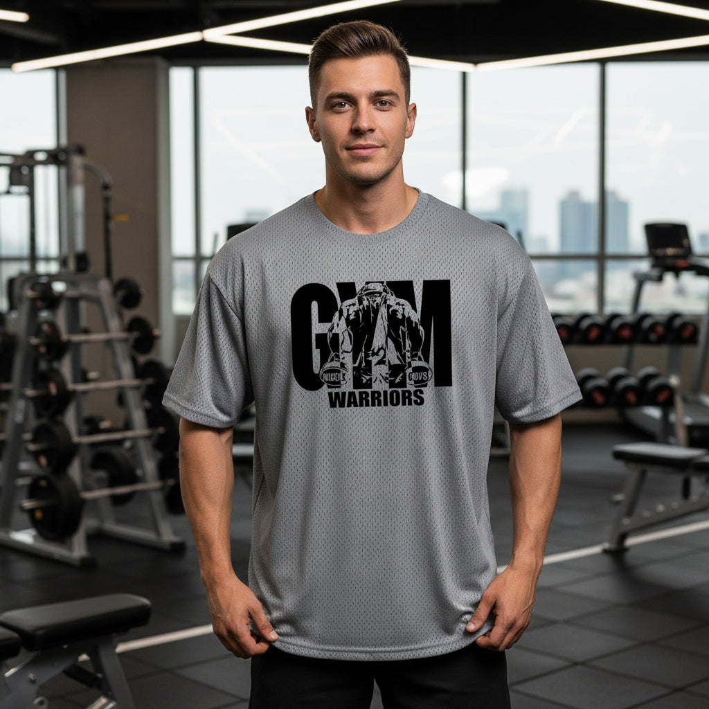 Gray t-shirt with black graphic and text on a white background