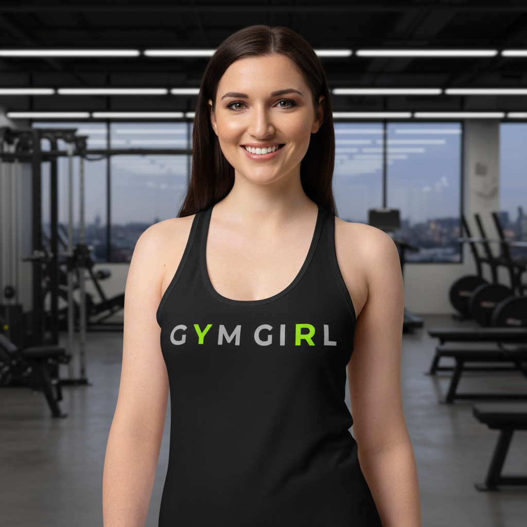 Woman wearing a black tank top with 'GYM GIRL' text in a gym setting