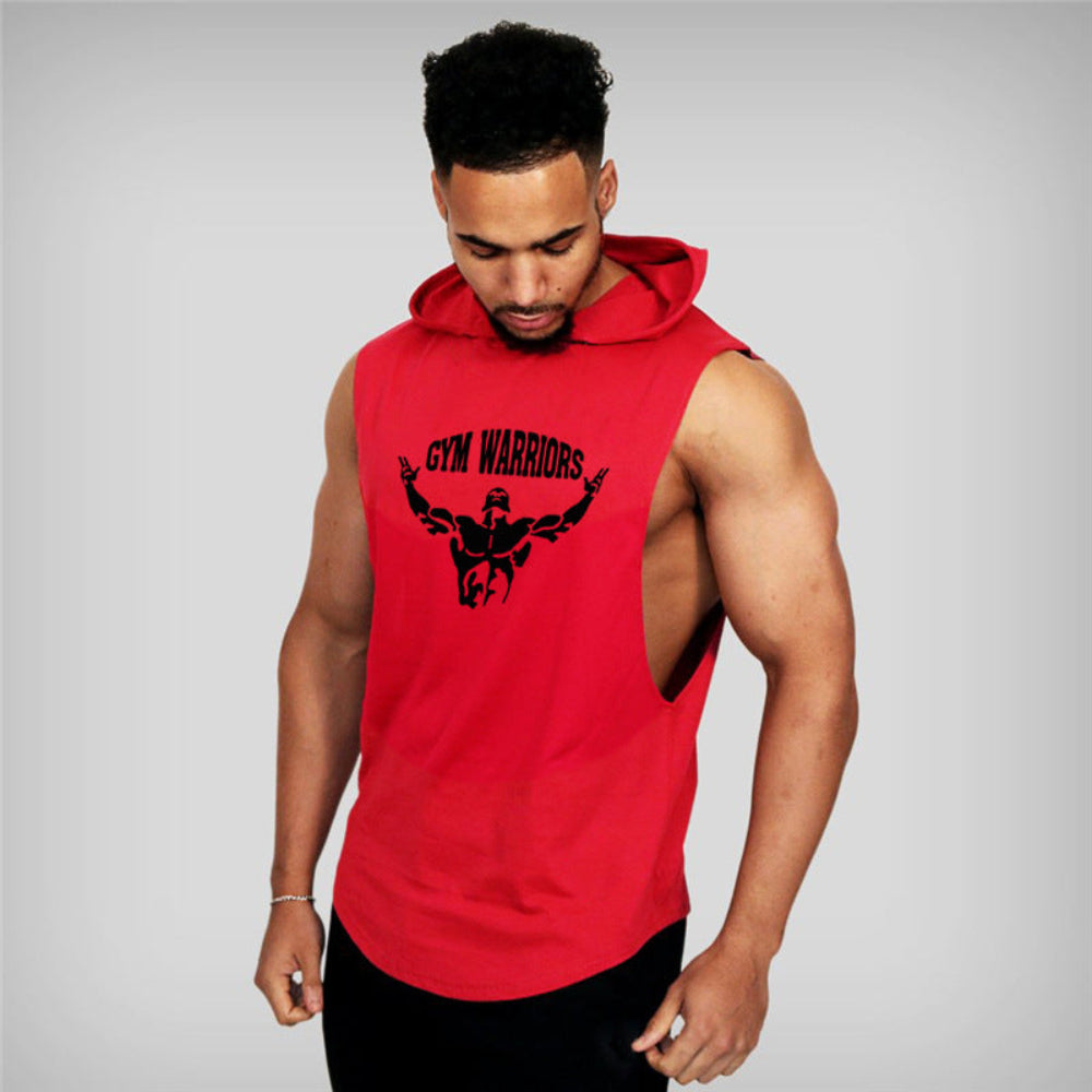 Man wearing a red sleeveless hoodie with 'Gym Warriors' logo on a gray background