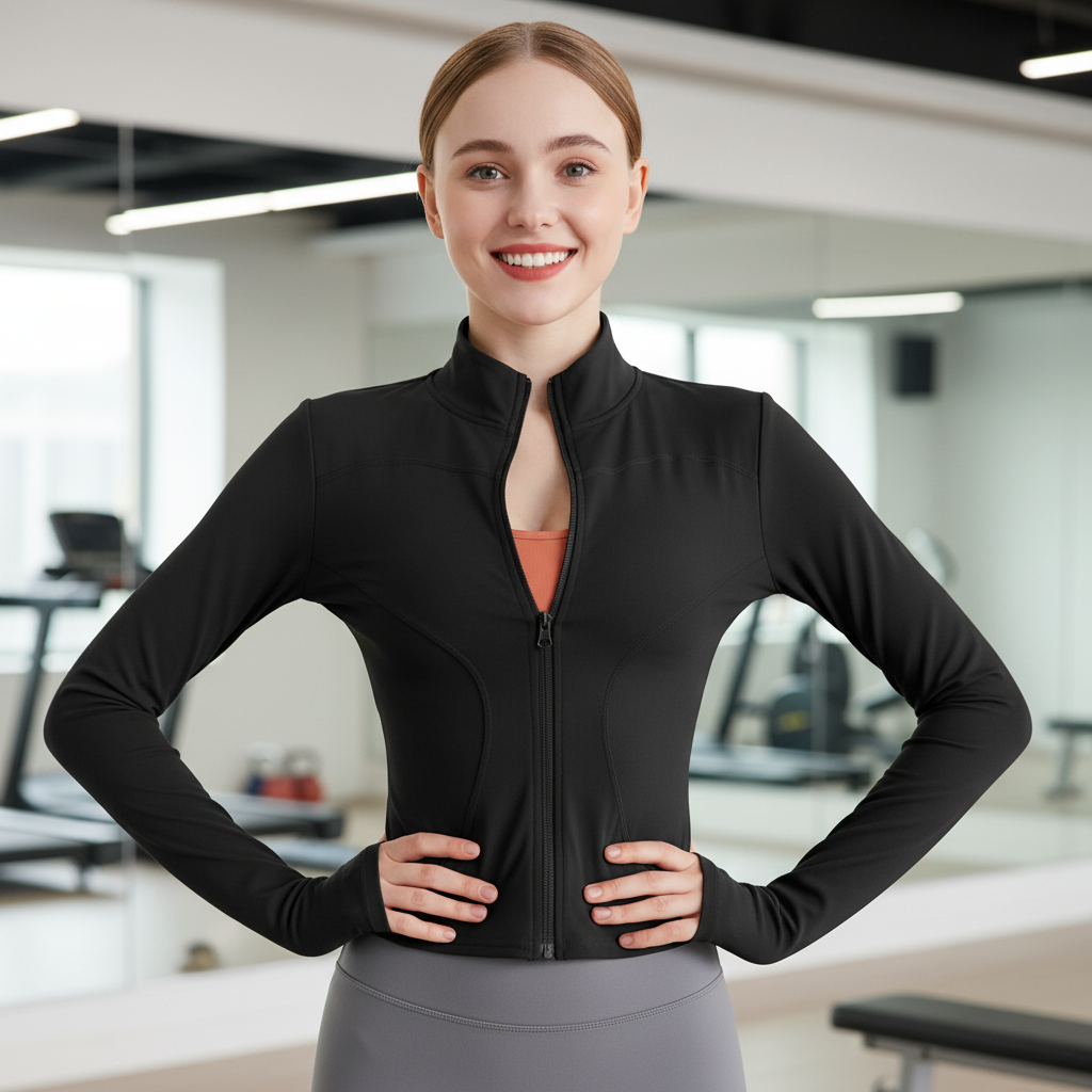 Slim Fit Yoga Jacket - Full Zip Workout Jacket with Thumbholes for Women Black