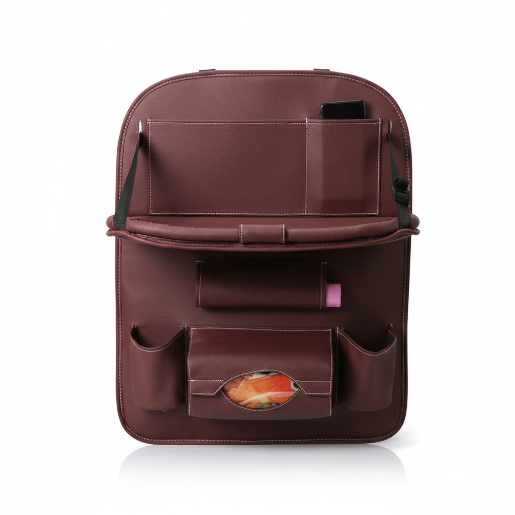 Leather Car Backseat Organizer with Foldable Tray Table & Trash Bag - Multi-functional Car Storage Solution
