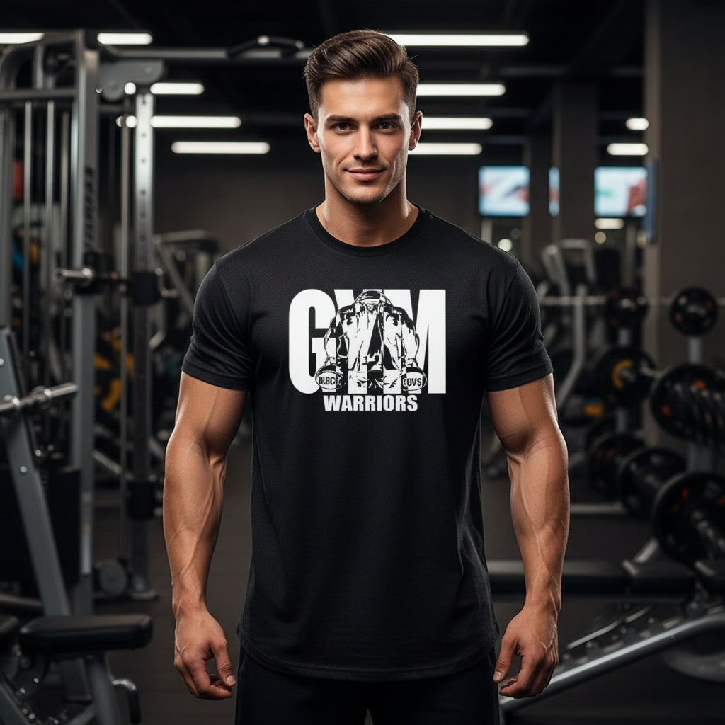 Black t-shirt with 'GAM Warriors' graphic design on a white background