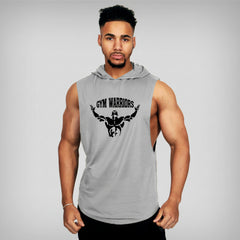 Man wearing a sleeveless gray hoodie with 'Gym Warriors' logo on a plain background