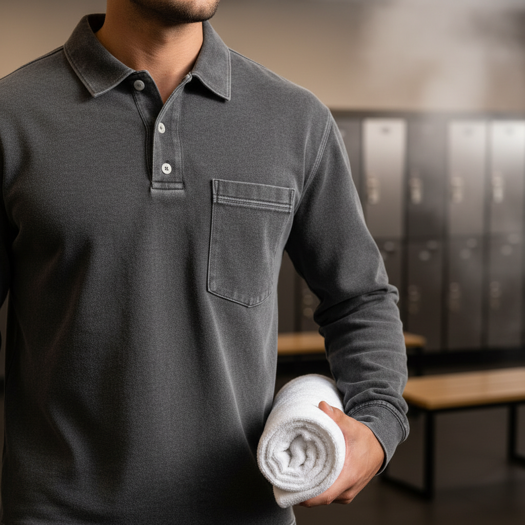 Black Men's Premium Long Sleeve Polo Shirt | Vintage Washed Relaxed Fit | Casual Loose Buttoned Lapel Top