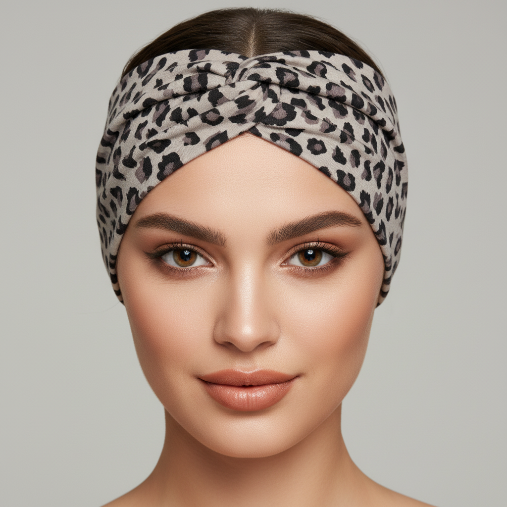 5-PCS Grey leopard print Women's Extra Wide Turban Headband - Elastic Yoga & Sports Hair Wrap