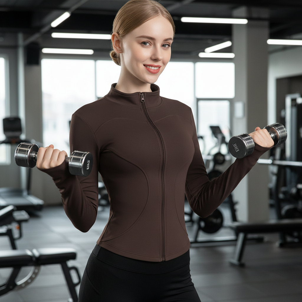 Slim Fit Yoga Jacket - Full Zip Workout Jacket with Thumbholes for Women Coffee Brown