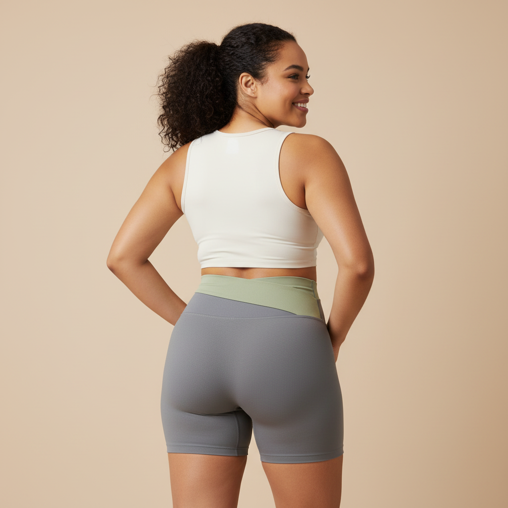 Grey Color-Block High-Waist Yoga Shorts - Seamless Scrunch Butt Anti-Chafing Workout Shorts